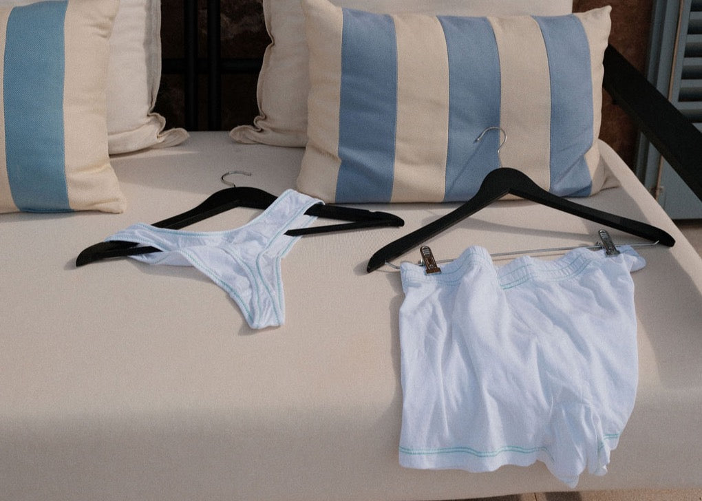 Organic cotton thong and Breather Brief in Clover Stitch on hangers | KENT